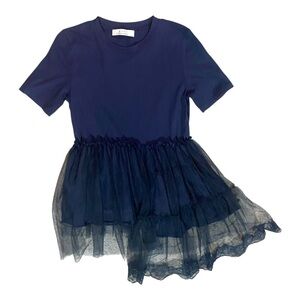 Koas Italy Asymmetrical Navy Tulle Dress Lace Trim Sz S